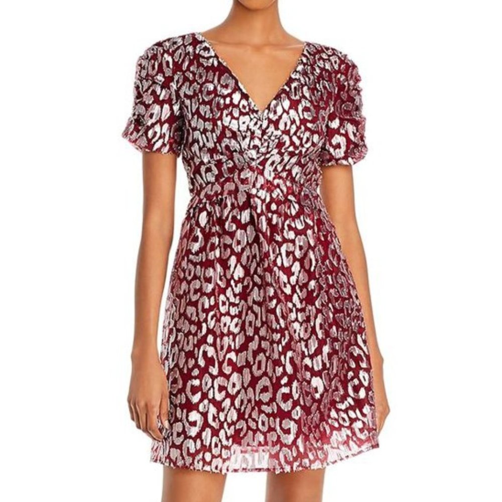 NWT AQUA | Dark Red Leopard Short-Sleeve V-Neck Dress- M
